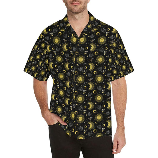 Sun Moon Golden Design Themed Print Men Aloha Hawaiian Shirt