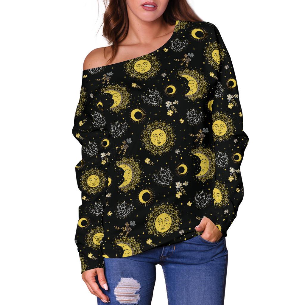 Sun Moon Golden Design Themed Print Off Shoulder Sweatshirt