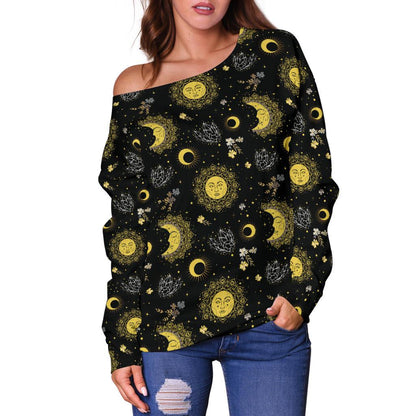 Sun Moon Golden Design Themed Print Off Shoulder Sweatshirt