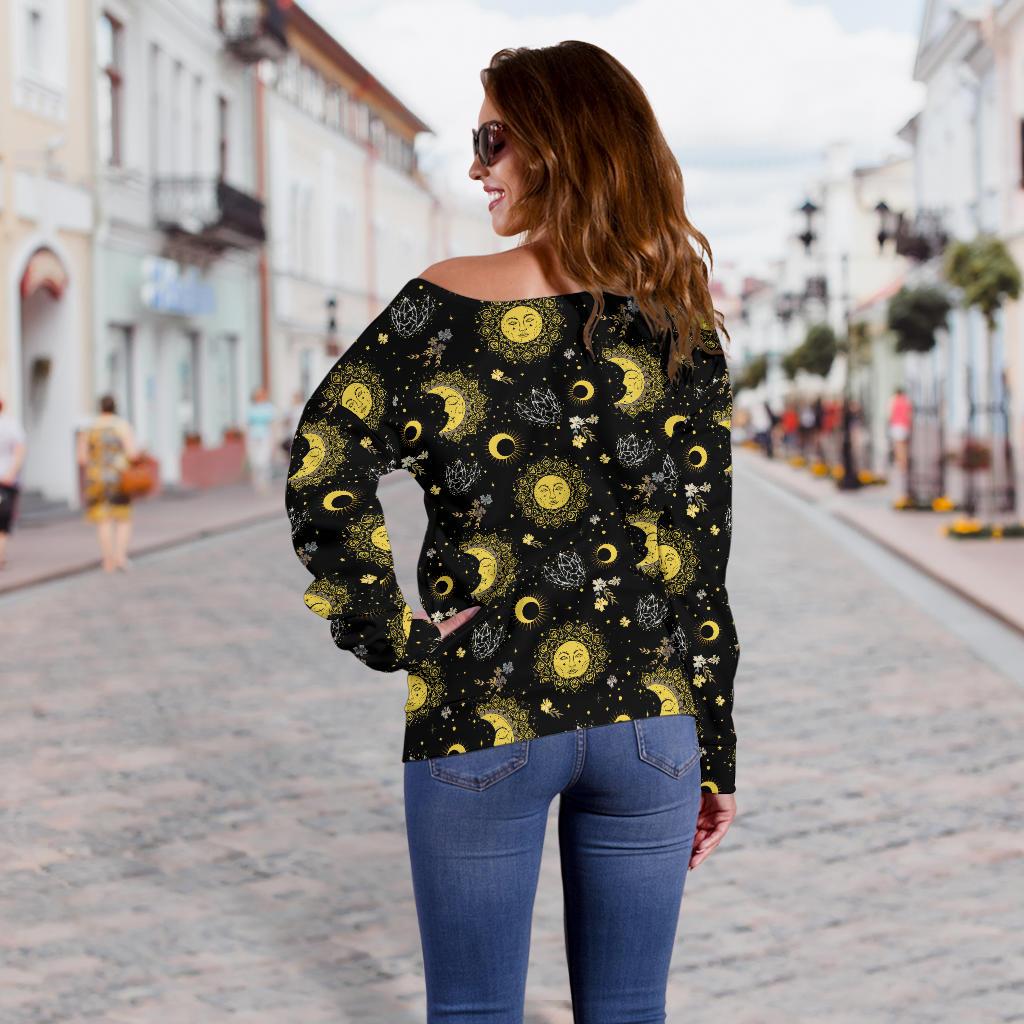 Sun Moon Golden Design Themed Print Off Shoulder Sweatshirt