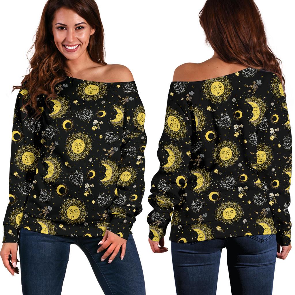 Sun Moon Golden Design Themed Print Off Shoulder Sweatshirt