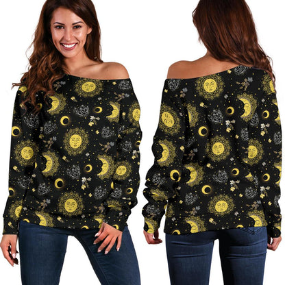 Sun Moon Golden Design Themed Print Off Shoulder Sweatshirt