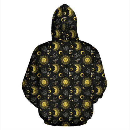 Sun Moon Golden Design Themed Print Pullover Hoodie