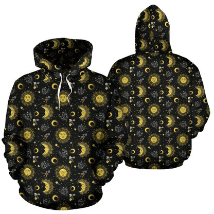 Sun Moon Golden Design Themed Print Pullover Hoodie
