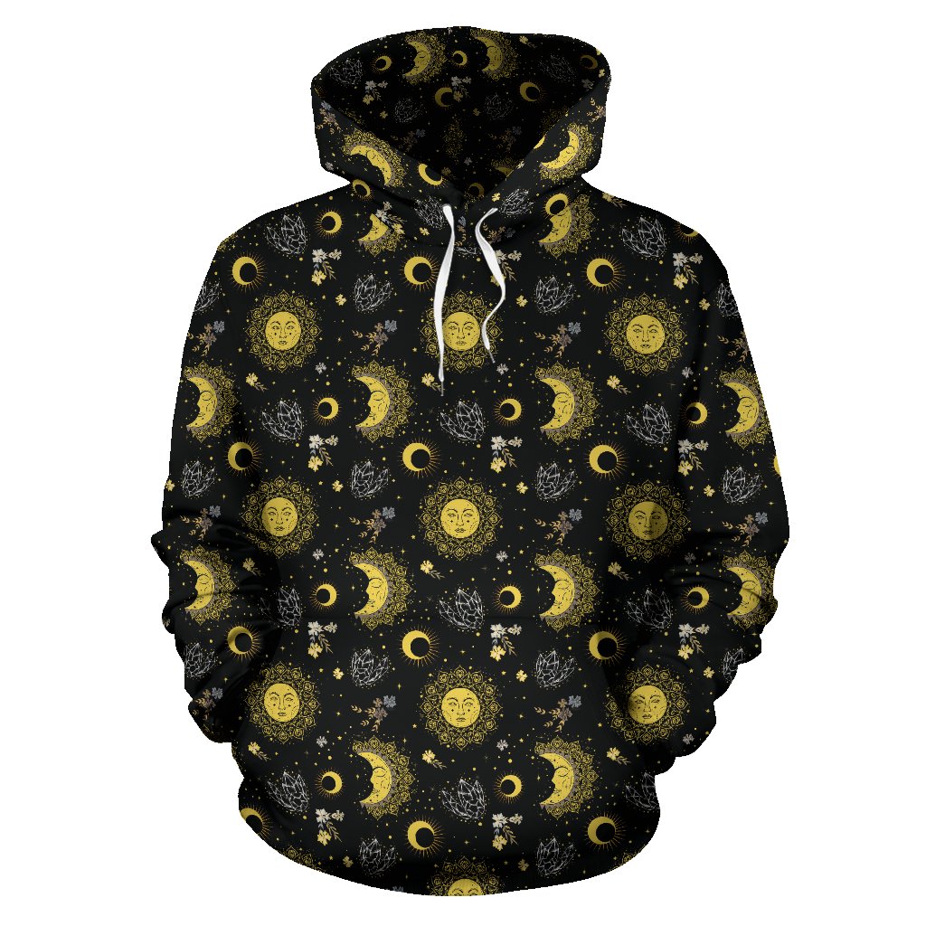 Sun Moon Golden Design Themed Print Pullover Hoodie