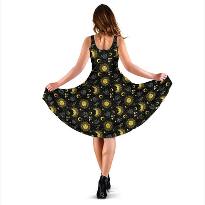 Sun Moon Golden Design Themed Print Sleeveless Dress