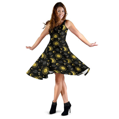 Sun Moon Golden Design Themed Print Sleeveless Dress