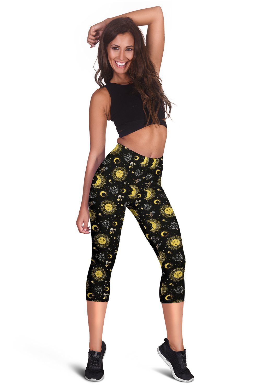 Sun Moon Golden Design Themed Print Women Capris