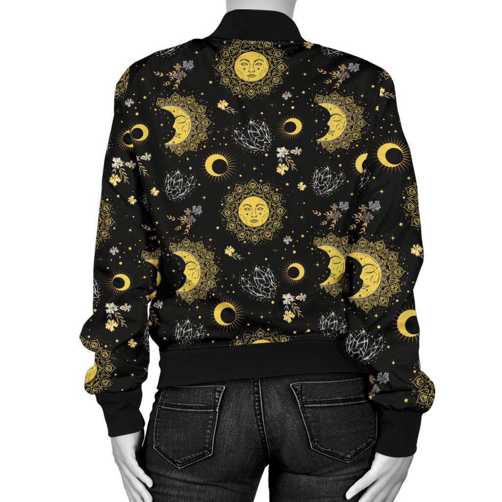 Sun Moon Golden Design Themed Print Women Casual Bomber Jacket