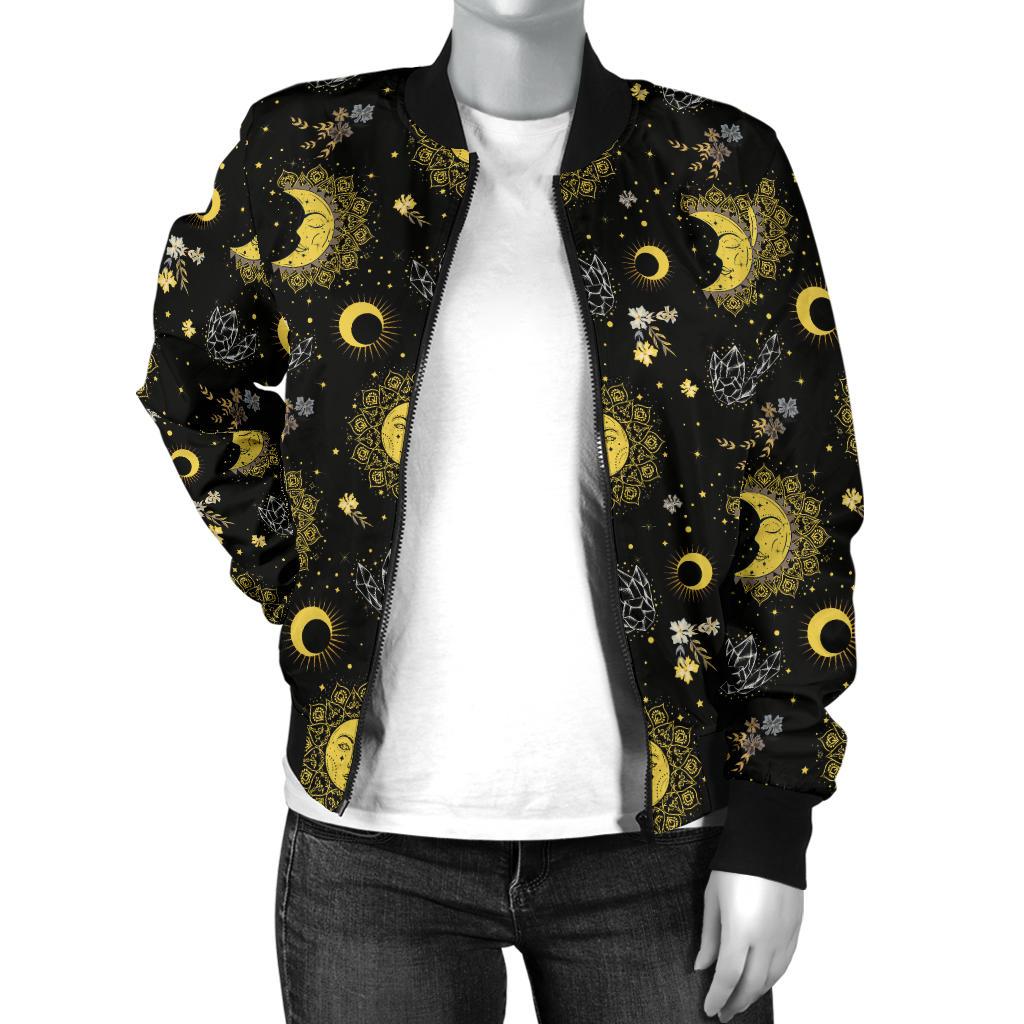Sun Moon Golden Design Themed Print Women Casual Bomber Jacket
