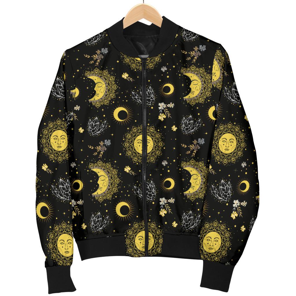 Sun Moon Golden Design Themed Print Women Casual Bomber Jacket