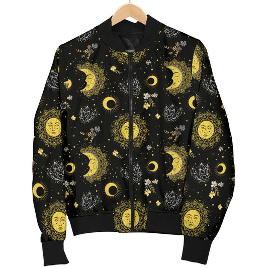 Sun Moon Golden Design Themed Print Women Casual Bomber Jacket