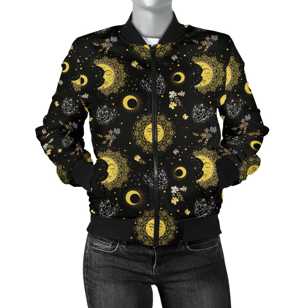 Sun Moon Golden Design Themed Print Women Casual Bomber Jacket