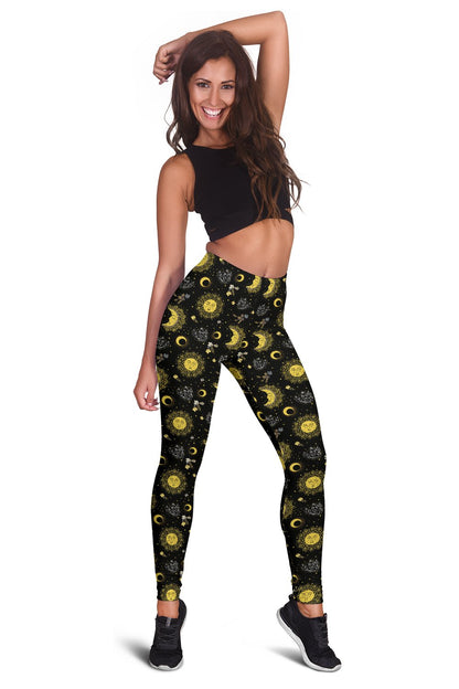 Sun Moon Golden Design Themed Print Women Leggings