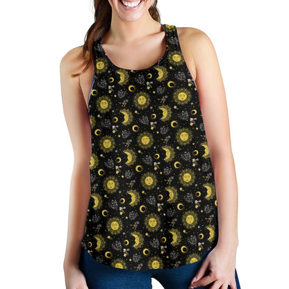 Sun Moon Golden Design Themed Print Women Racerback Tank Top
