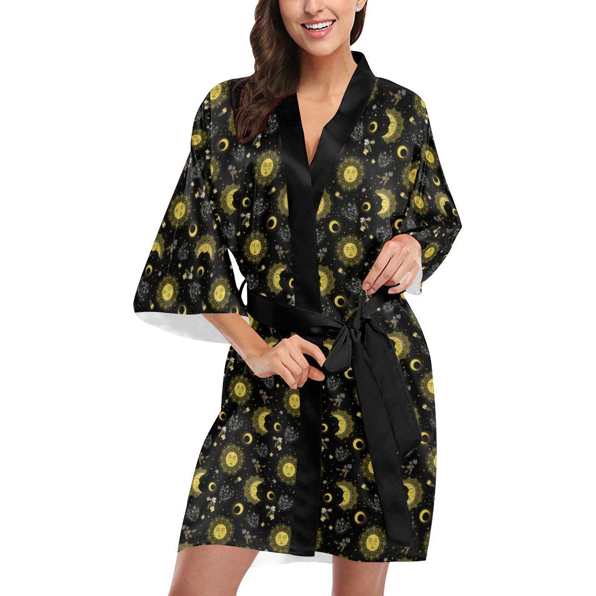 Sun Moon Golden Design Themed Print Women Short Kimono Robe