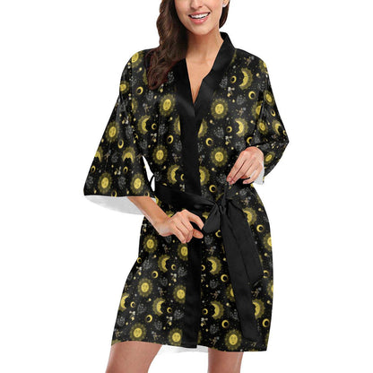 Sun Moon Golden Design Themed Print Women Short Kimono Robe