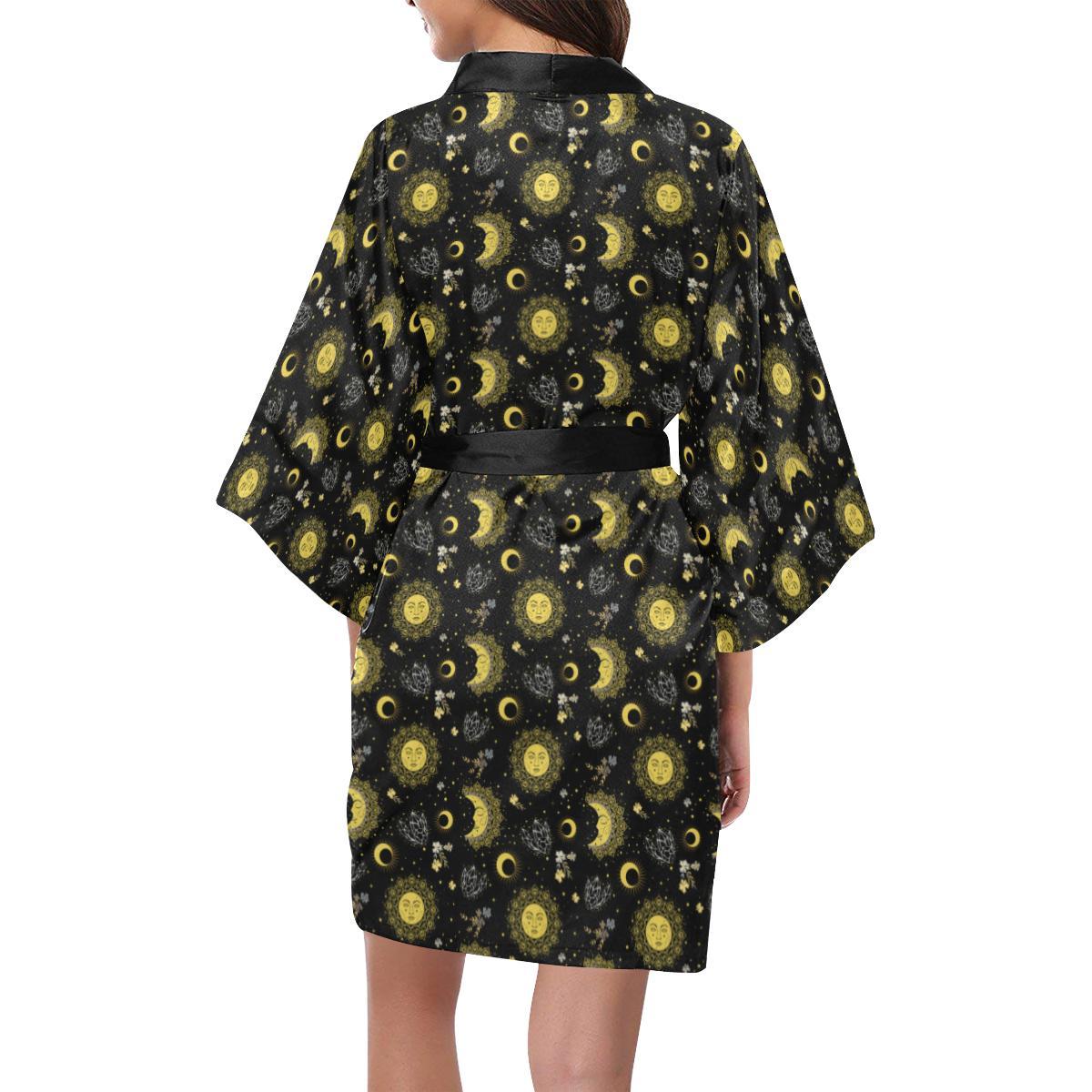 Sun Moon Golden Design Themed Print Women Short Kimono Robe