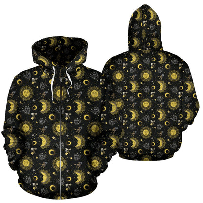 Sun Moon Golden Design Themed Print Zip Up Hoodie