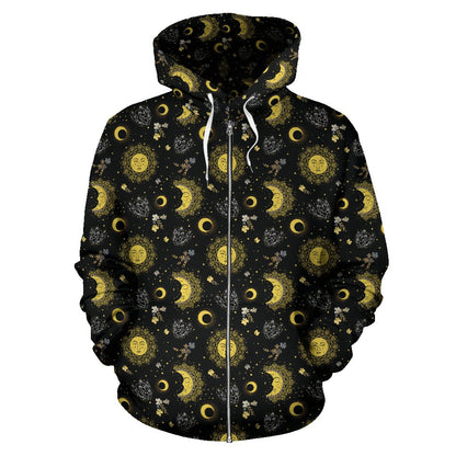 Sun Moon Golden Design Themed Print Zip Up Hoodie