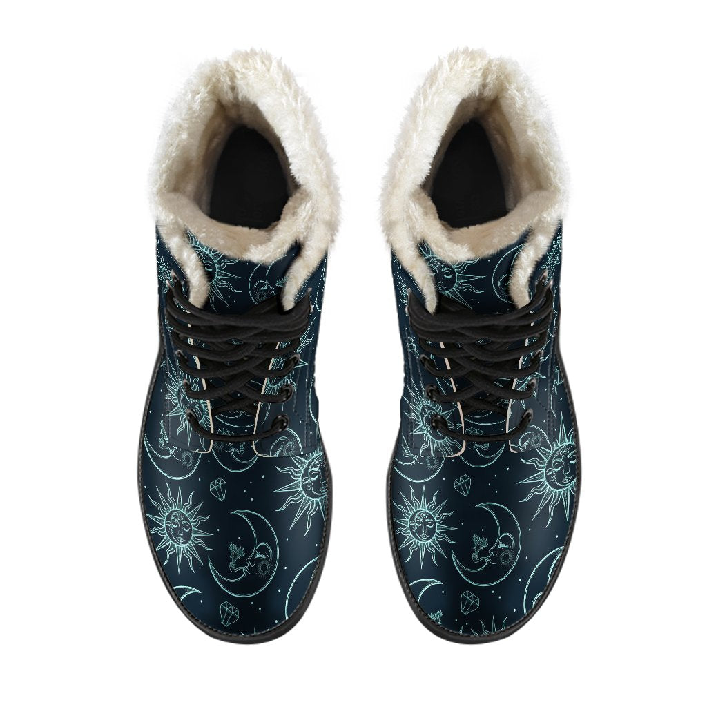 Sun Moon Magic Design Themed Print Faux Fur Leather Boots-JTAMIGO.COM