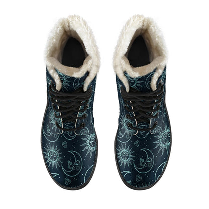Sun Moon Magic Design Themed Print Faux Fur Leather Boots-JTAMIGO.COM