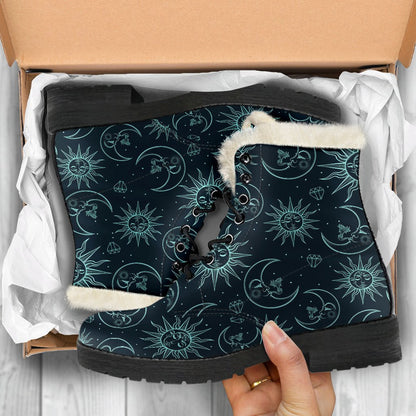 Sun Moon Magic Design Themed Print Faux Fur Leather Boots-JTAMIGO.COM