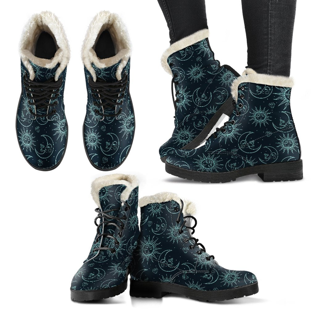 Sun Moon Magic Design Themed Print Faux Fur Leather Boots-JTAMIGO.COM
