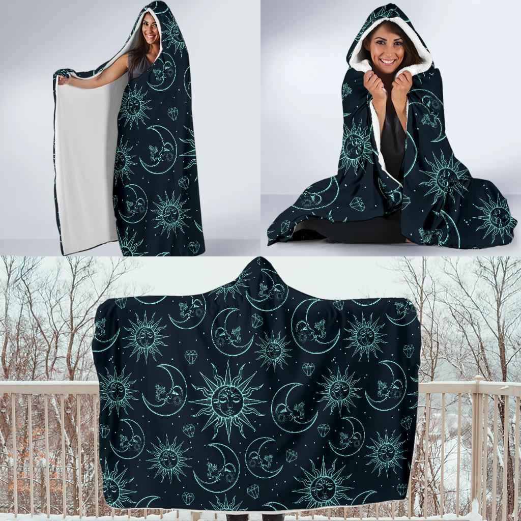 Sun Moon Magic Design Themed Print Hooded Blanket-JTAMIGO.COM