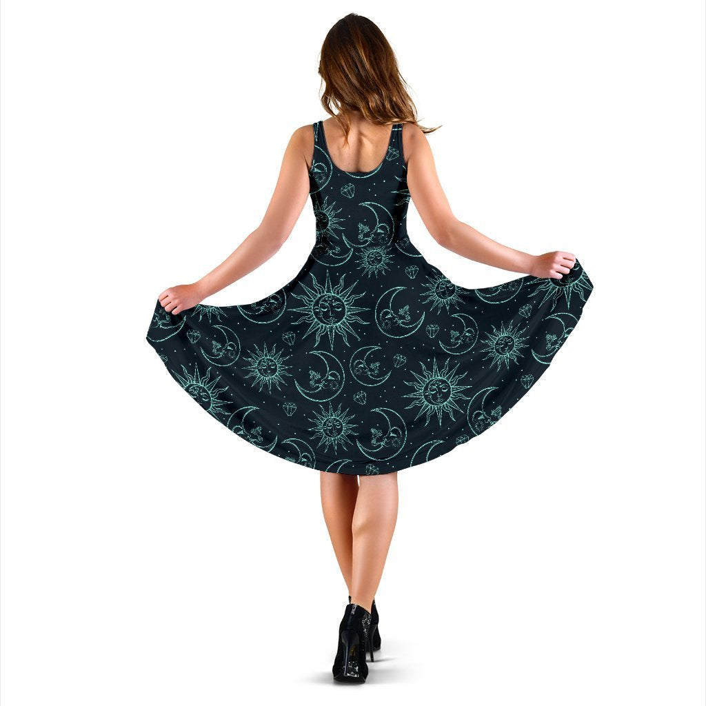 Sun Moon Magic Design Themed Print Sleeveless Dress