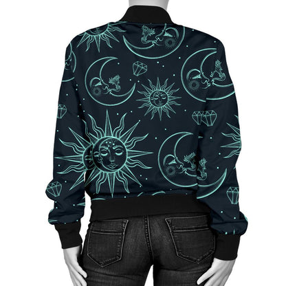 Sun Moon Magic Design Themed Print Women Casual Bomber Jacket