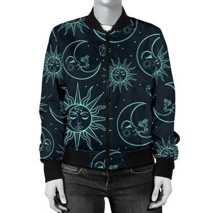 Sun Moon Magic Design Themed Print Women Casual Bomber Jacket