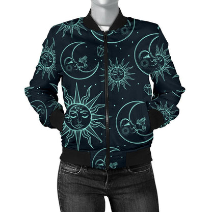 Sun Moon Magic Design Themed Print Women Casual Bomber Jacket