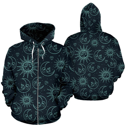 Sun Moon Magic Design Themed Print Zip Up Hoodie