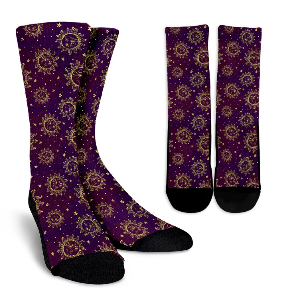 Sun Moon Star Design Themed Print Crew Socks
