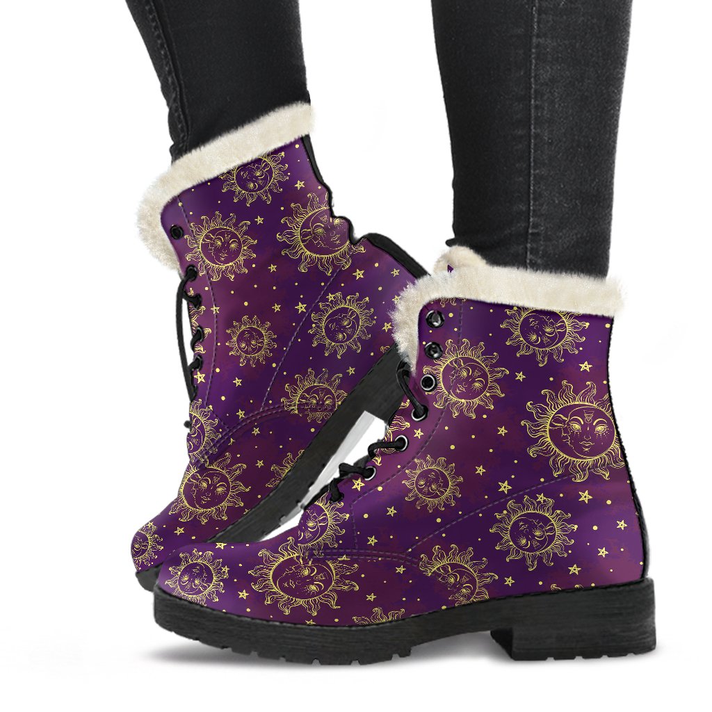 Sun Moon Star Design Themed Print Faux Fur Leather Boots-JTAMIGO.COM