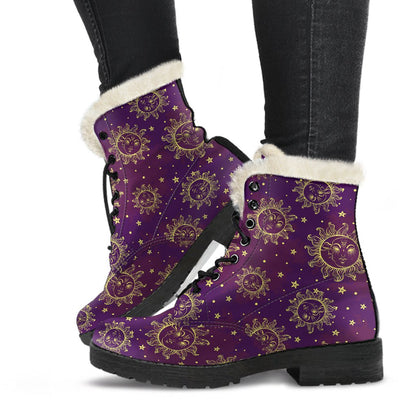 Sun Moon Star Design Themed Print Faux Fur Leather Boots-JTAMIGO.COM