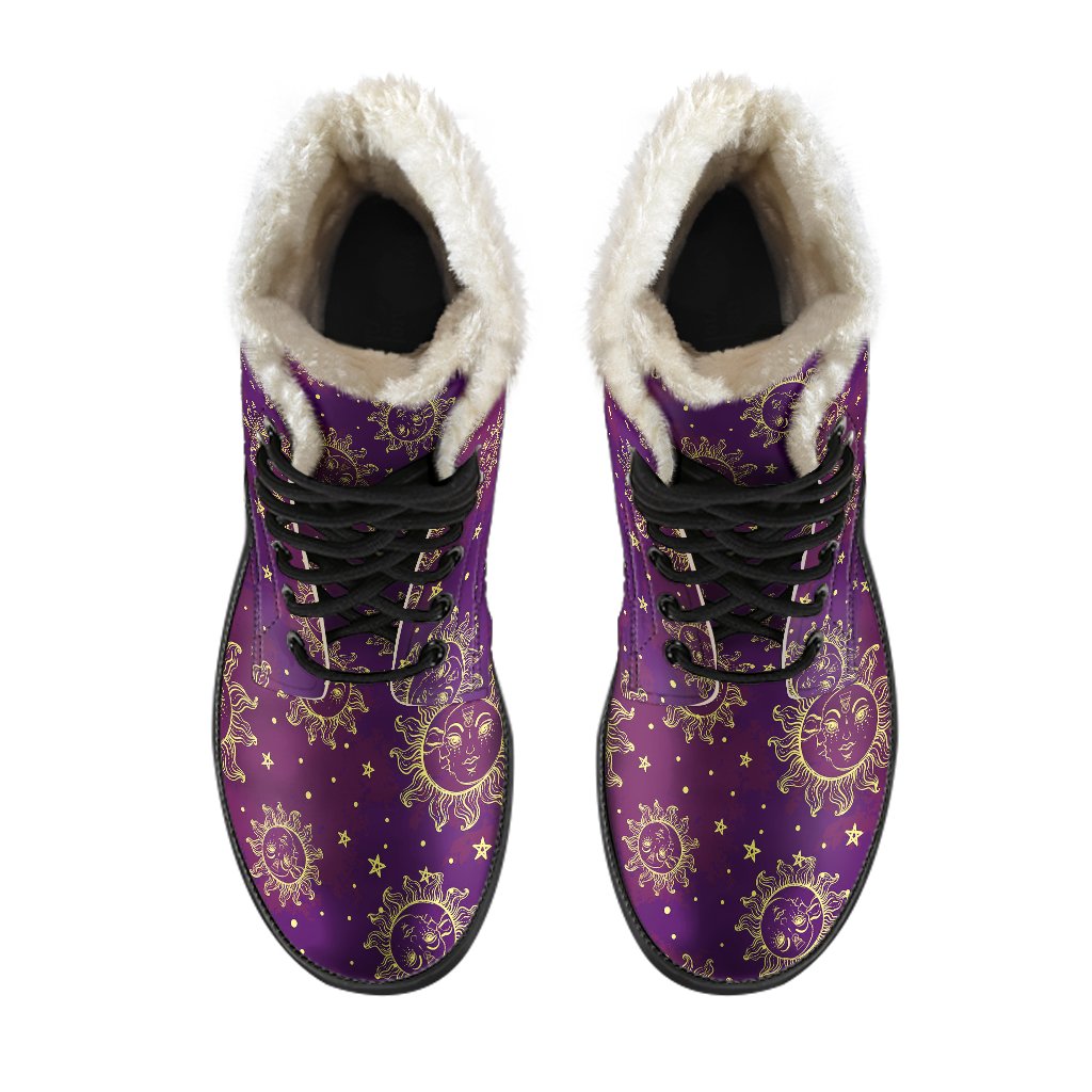 Sun Moon Star Design Themed Print Faux Fur Leather Boots-JTAMIGO.COM