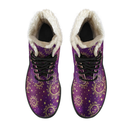 Sun Moon Star Design Themed Print Faux Fur Leather Boots-JTAMIGO.COM