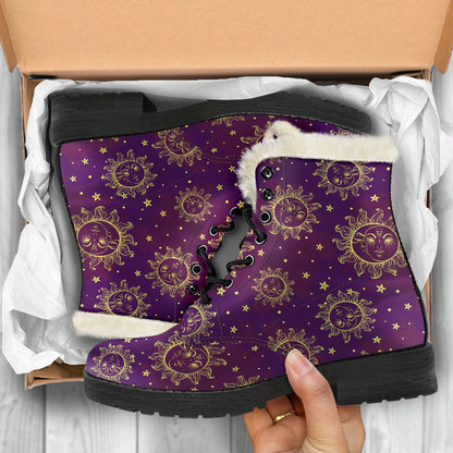Sun Moon Star Design Themed Print Faux Fur Leather Boots-JTAMIGO.COM