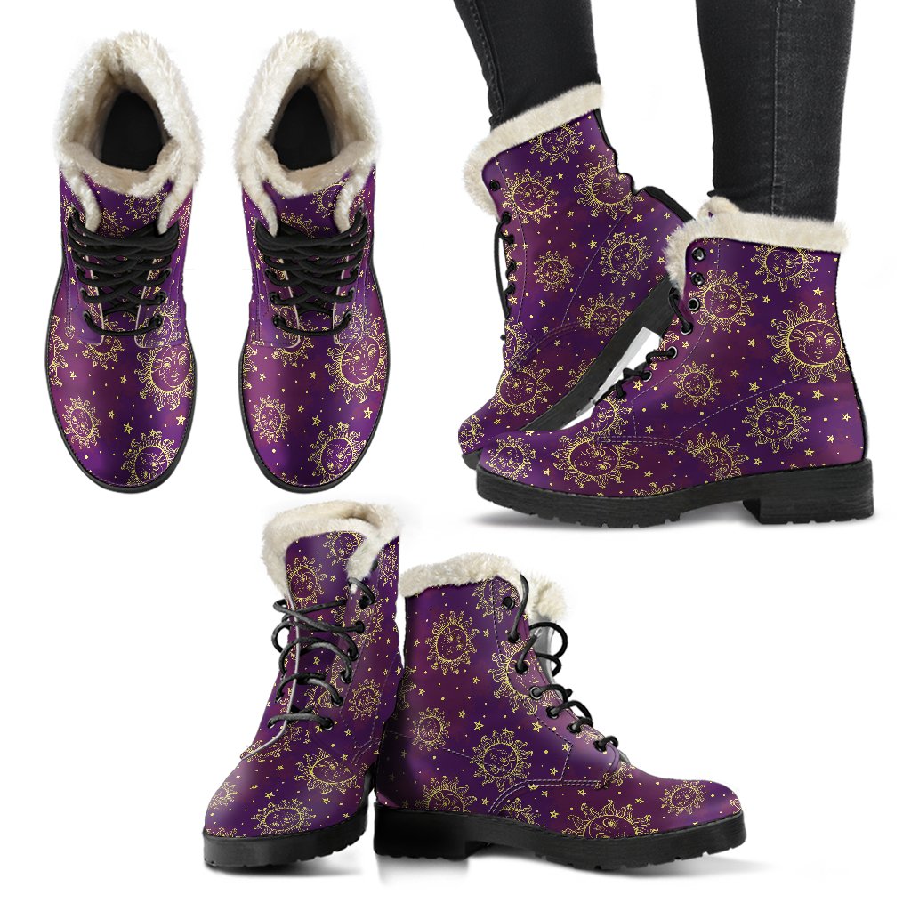 Sun Moon Star Design Themed Print Faux Fur Leather Boots-JTAMIGO.COM