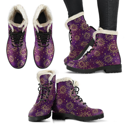 Sun Moon Star Design Themed Print Faux Fur Leather Boots-JTAMIGO.COM