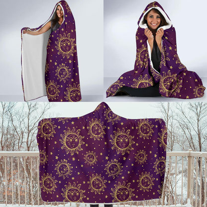 Sun Moon Star Design Themed Print Hooded Blanket-JTAMIGO.COM