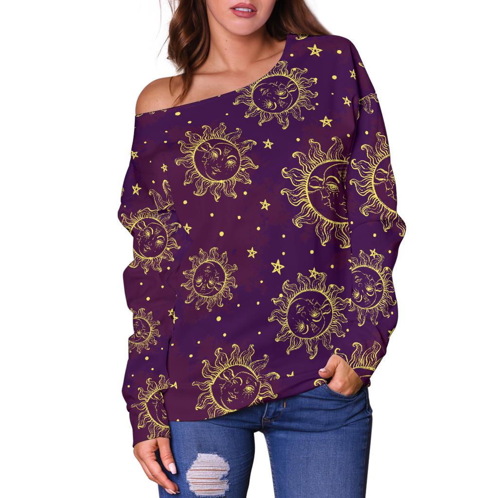 Sun Moon Star Design Themed Print Off Shoulder Sweatshirt