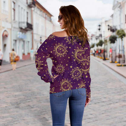 Sun Moon Star Design Themed Print Off Shoulder Sweatshirt