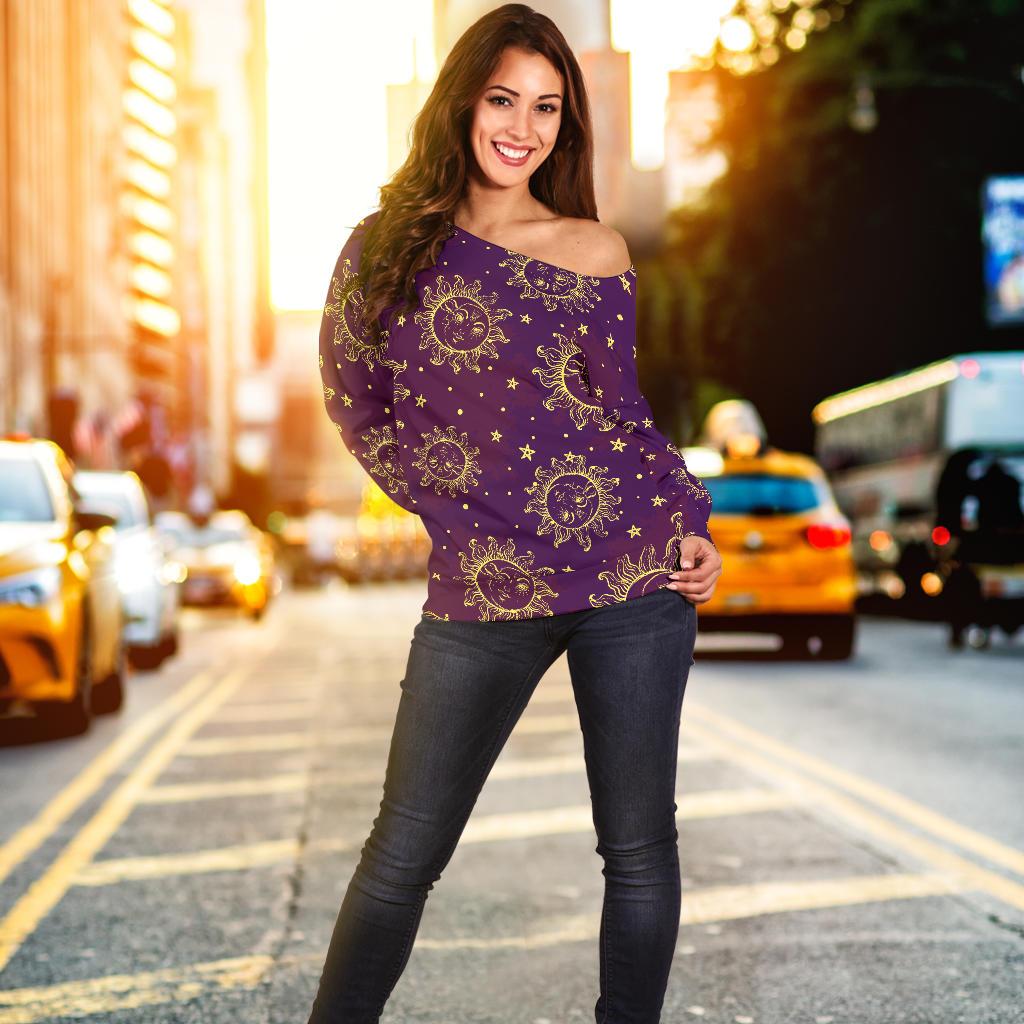 Sun Moon Star Design Themed Print Off Shoulder Sweatshirt