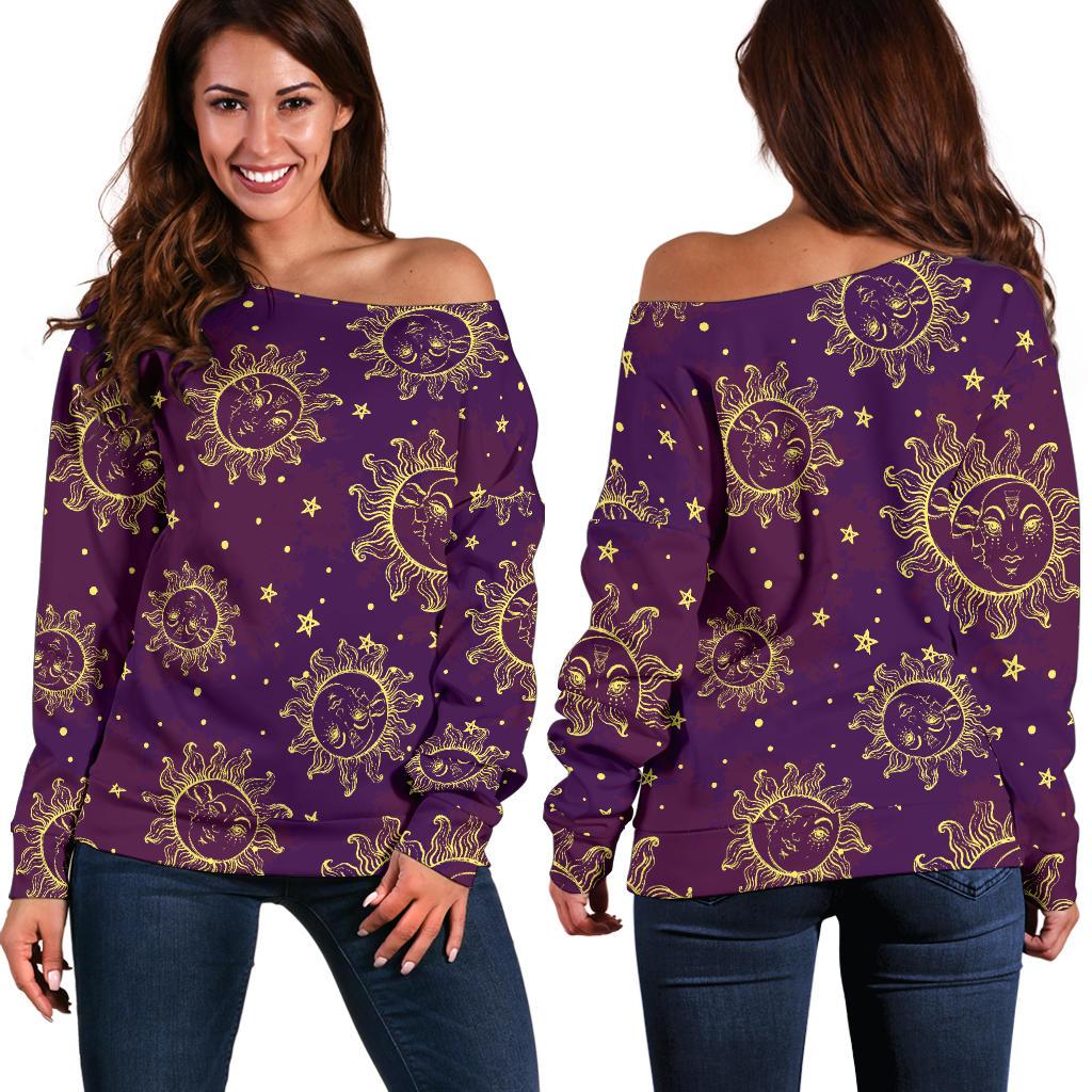 Sun Moon Star Design Themed Print Off Shoulder Sweatshirt