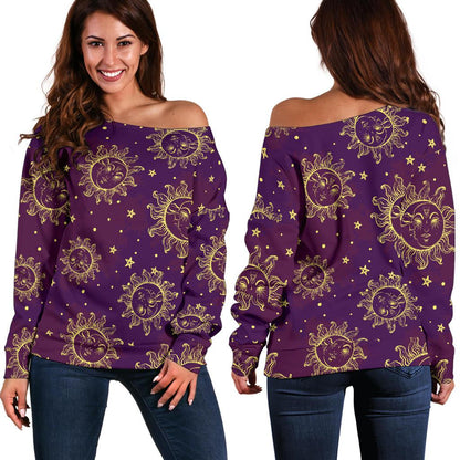 Sun Moon Star Design Themed Print Off Shoulder Sweatshirt