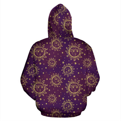 Sun Moon Star Design Themed Print Pullover Hoodie