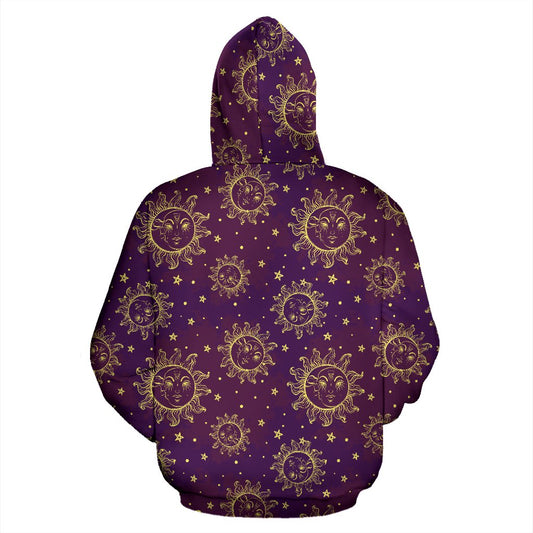 Sun Moon Star Design Themed Print Pullover Hoodie